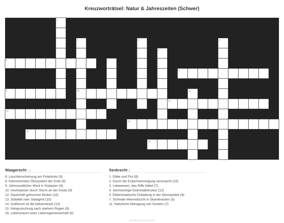 Kreuzworträtsel Kreuzworträtsel: Natur & Jahreszeiten (Schwer) aus der Kategorie Natur - kostenlos ausdrucken