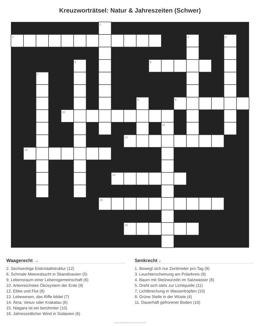 Kreuzworträtsel Kreuzworträtsel: Natur & Jahreszeiten (Schwer) aus der Kategorie Natur - kostenlos ausdrucken