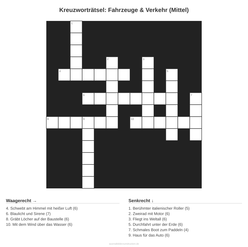 Kreuzworträtsel Kreuzworträtsel: Fahrzeuge & Verkehr (Mittel) aus der Kategorie Fahrzeuge - kostenlos ausdrucken