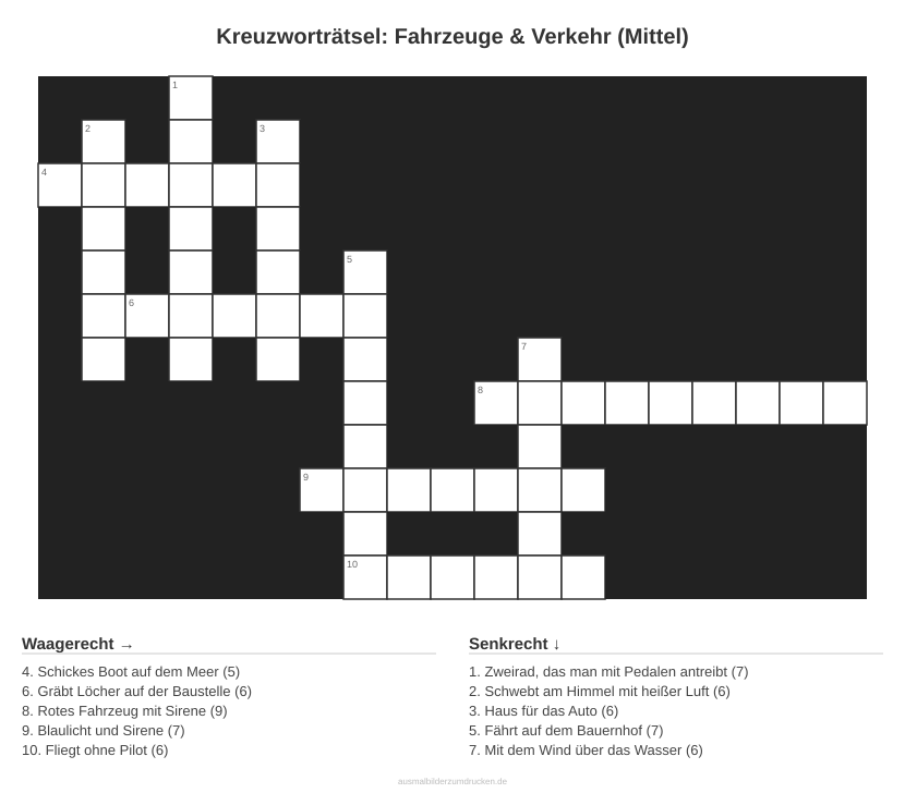 Kreuzworträtsel Kreuzworträtsel: Fahrzeuge & Verkehr (Mittel) aus der Kategorie Fahrzeuge - kostenlos ausdrucken