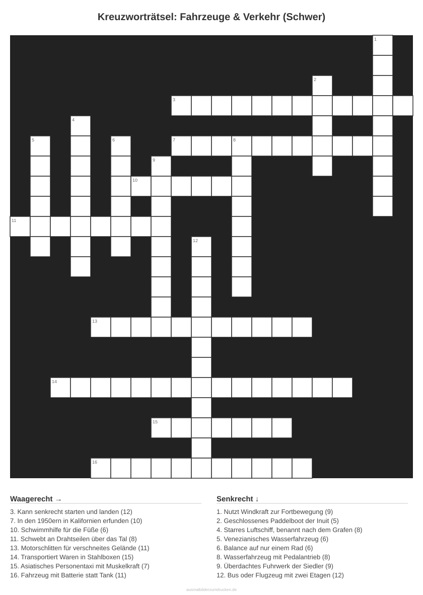 Kreuzworträtsel Kreuzworträtsel: Fahrzeuge & Verkehr (Schwer) aus der Kategorie Fahrzeuge - kostenlos ausdrucken