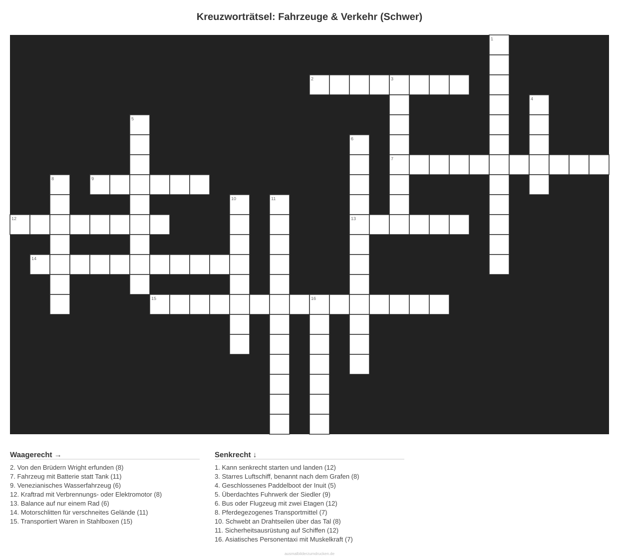 Kreuzworträtsel Kreuzworträtsel: Fahrzeuge & Verkehr (Schwer) aus der Kategorie Fahrzeuge - kostenlos ausdrucken