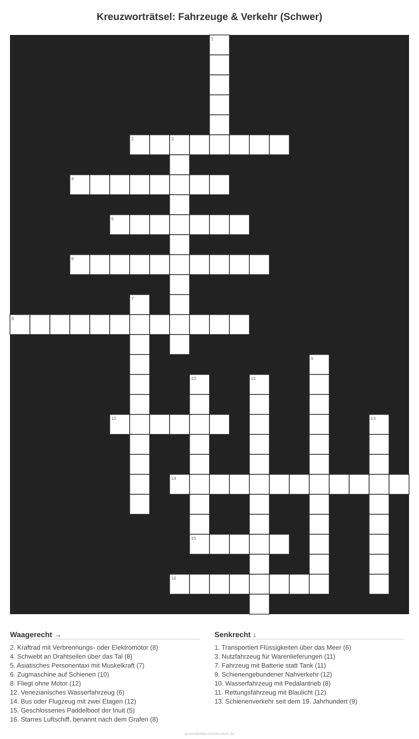 Kreuzworträtsel Kreuzworträtsel: Fahrzeuge & Verkehr (Schwer) aus der Kategorie Fahrzeuge - kostenlos ausdrucken