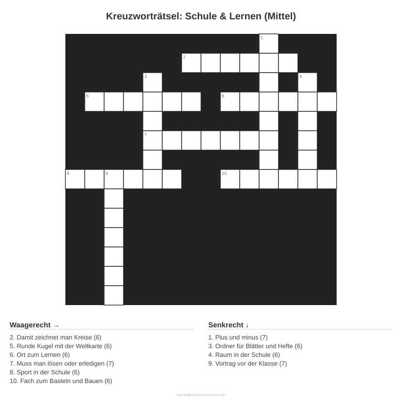 Kreuzworträtsel Kreuzworträtsel: Schule & Lernen (Mittel) aus der Kategorie Schule - kostenlos ausdrucken