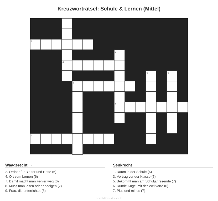 Kreuzworträtsel Kreuzworträtsel: Schule & Lernen (Mittel) aus der Kategorie Schule - kostenlos ausdrucken