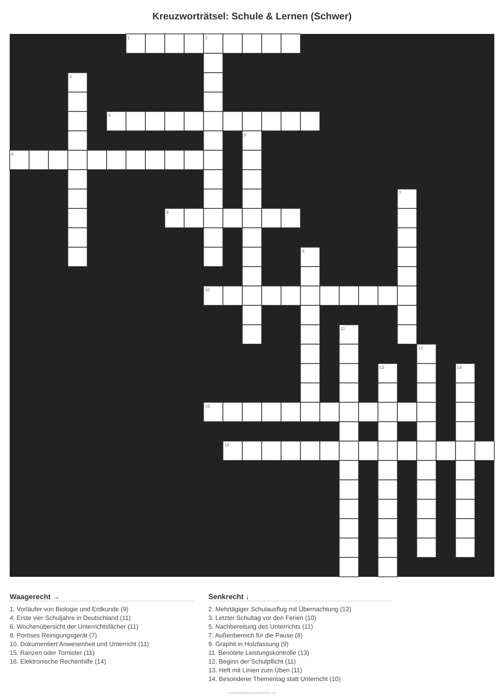 Kreuzworträtsel Kreuzworträtsel: Schule & Lernen (Schwer) aus der Kategorie Schule - kostenlos ausdrucken