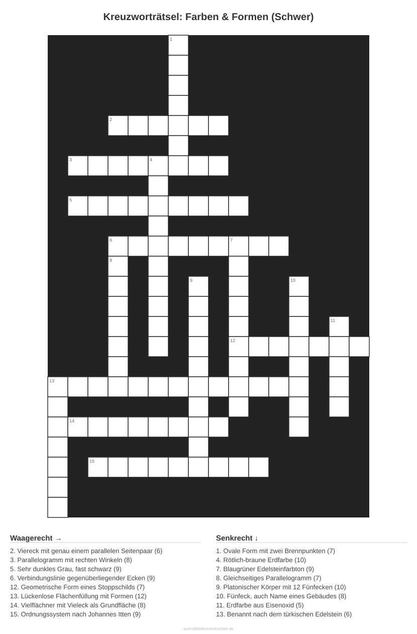 Kreuzworträtsel Kreuzworträtsel: Farben & Formen (Schwer) aus der Kategorie Farben - kostenlos ausdrucken