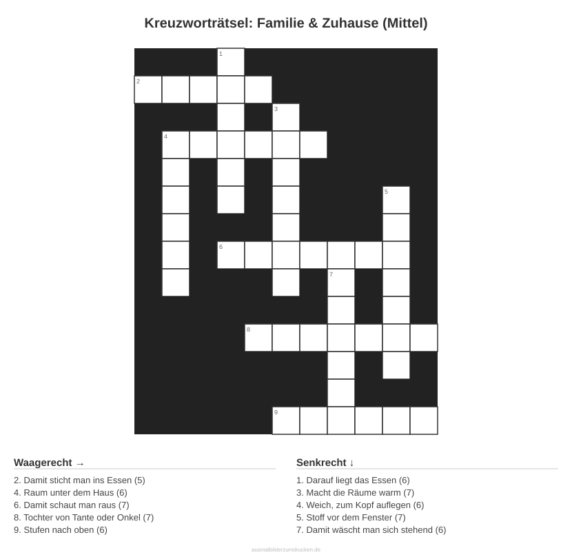 Kreuzworträtsel Kreuzworträtsel: Familie & Zuhause (Mittel) aus der Kategorie Familie - kostenlos ausdrucken