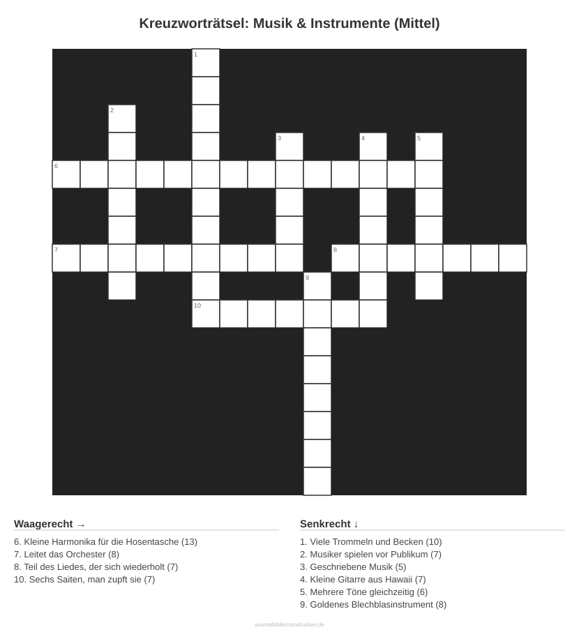 Kreuzworträtsel Kreuzworträtsel: Musik & Instrumente (Mittel) aus der Kategorie Musik - kostenlos ausdrucken