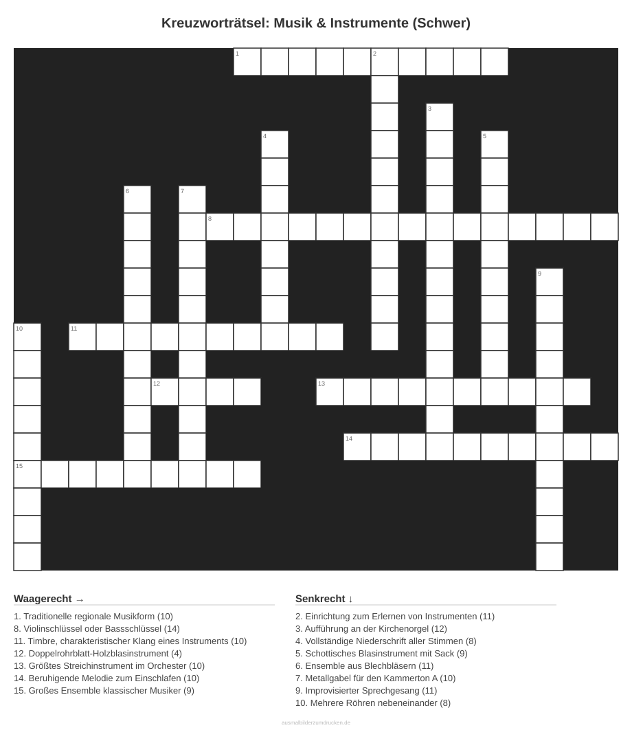 Kreuzworträtsel Kreuzworträtsel: Musik & Instrumente (Schwer) aus der Kategorie Musik - kostenlos ausdrucken