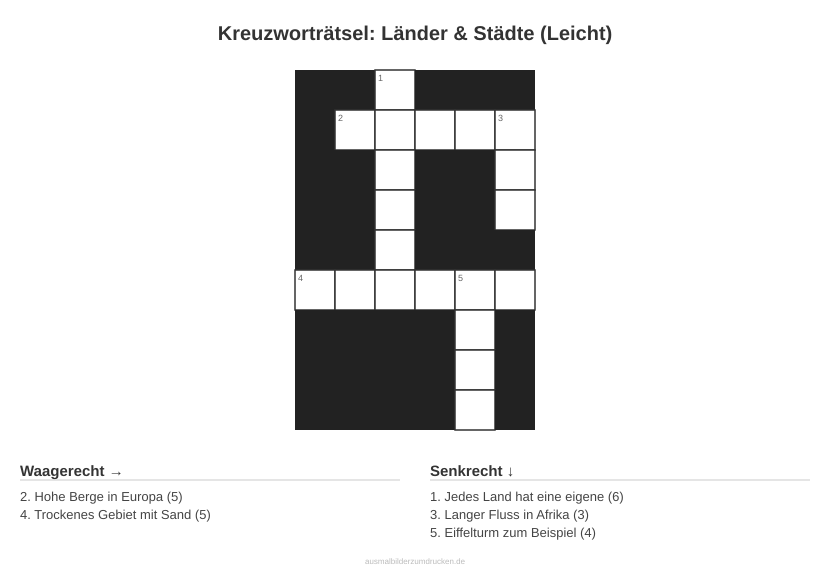 Kreuzworträtsel Kreuzworträtsel: Länder & Städte (Leicht) aus der Kategorie Länder - kostenlos ausdrucken