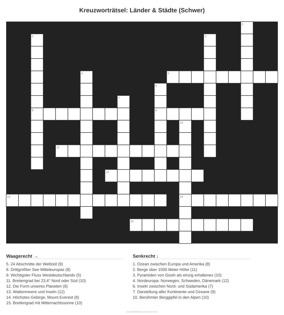Kreuzworträtsel Kreuzworträtsel: Länder & Städte (Schwer) aus der Kategorie Länder - kostenlos ausdrucken