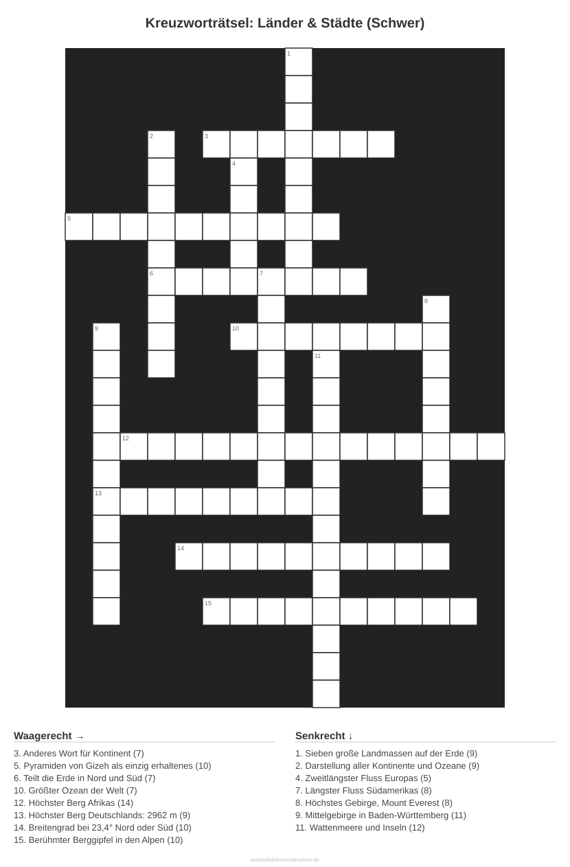 Kreuzworträtsel Kreuzworträtsel: Länder & Städte (Schwer) aus der Kategorie Länder - kostenlos ausdrucken