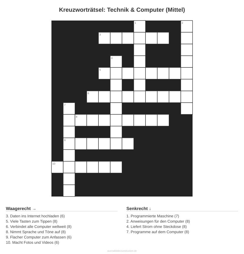 Kreuzworträtsel Kreuzworträtsel: Technik & Computer (Mittel) aus der Kategorie Technik - kostenlos ausdrucken