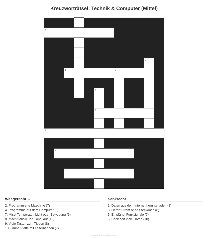 Kreuzworträtsel Kreuzworträtsel: Technik & Computer (Mittel) aus der Kategorie Technik - kostenlos ausdrucken