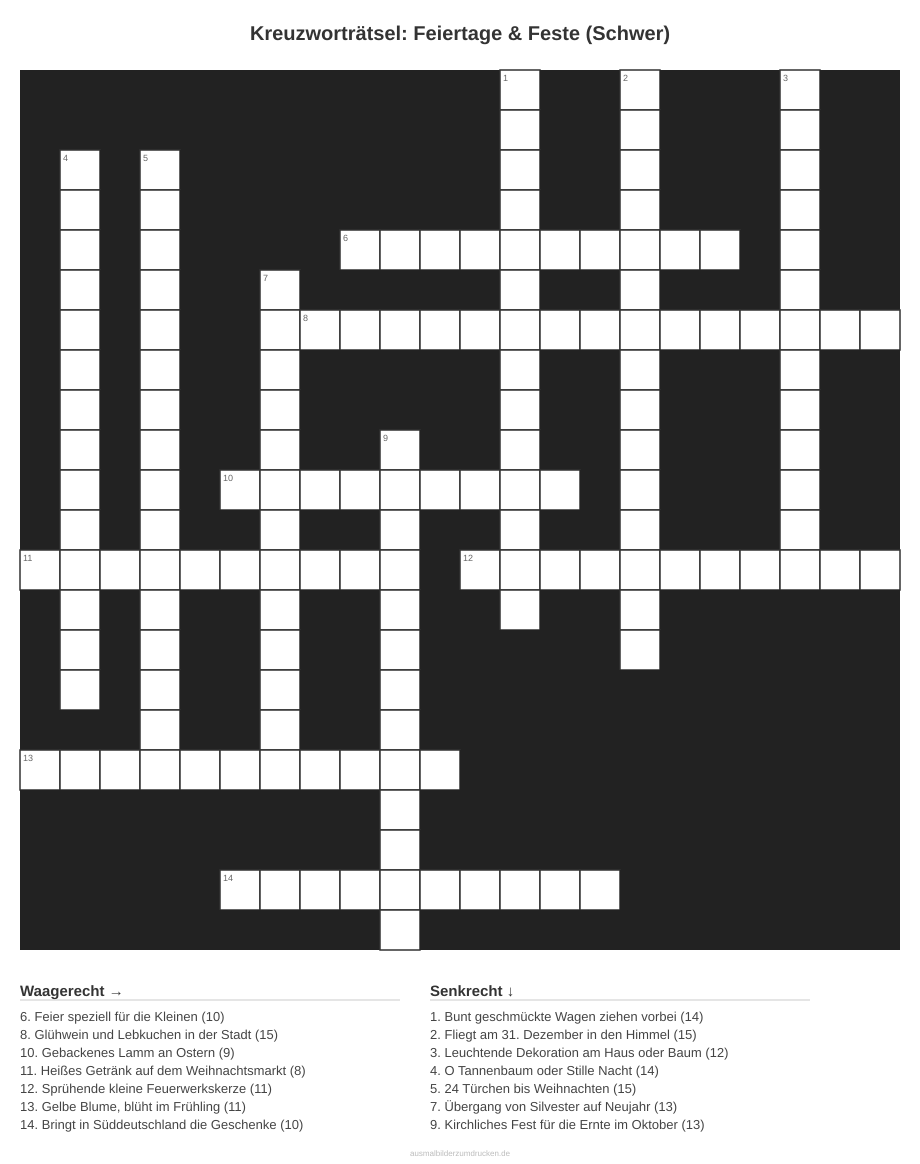 Kreuzworträtsel Kreuzworträtsel: Feiertage & Feste (Schwer) aus der Kategorie Feste - kostenlos ausdrucken