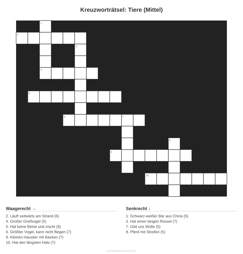 Kreuzworträtsel Kreuzworträtsel: Tiere (Mittel) aus der Kategorie Tiere - kostenlos ausdrucken