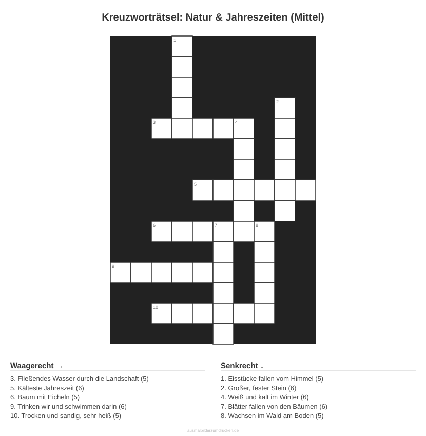 Kreuzworträtsel Kreuzworträtsel: Natur & Jahreszeiten (Mittel) aus der Kategorie Natur - kostenlos ausdrucken