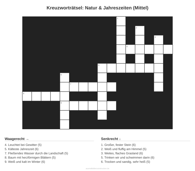 Kreuzworträtsel Kreuzworträtsel: Natur & Jahreszeiten (Mittel) aus der Kategorie Natur - kostenlos ausdrucken