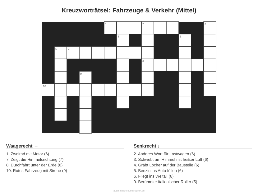 Kreuzworträtsel Kreuzworträtsel: Fahrzeuge & Verkehr (Mittel) aus der Kategorie Fahrzeuge - kostenlos ausdrucken