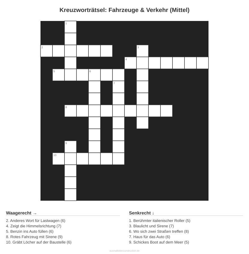 Kreuzworträtsel Kreuzworträtsel: Fahrzeuge & Verkehr (Mittel) aus der Kategorie Fahrzeuge - kostenlos ausdrucken