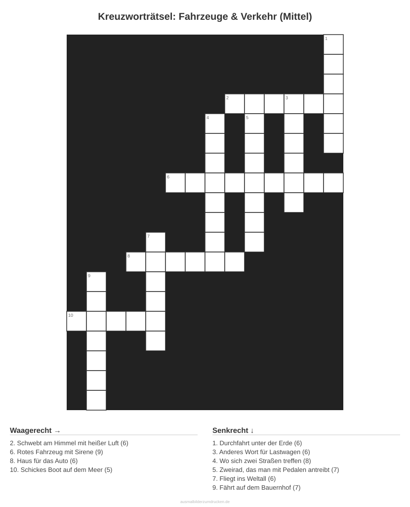 Kreuzworträtsel Kreuzworträtsel: Fahrzeuge & Verkehr (Mittel) aus der Kategorie Fahrzeuge - kostenlos ausdrucken