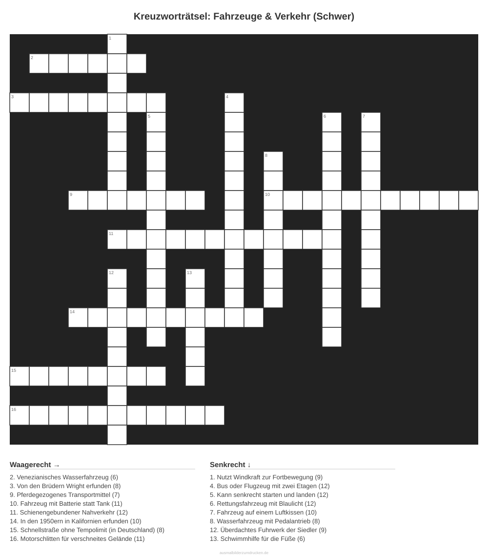 Kreuzworträtsel Kreuzworträtsel: Fahrzeuge & Verkehr (Schwer) aus der Kategorie Fahrzeuge - kostenlos ausdrucken