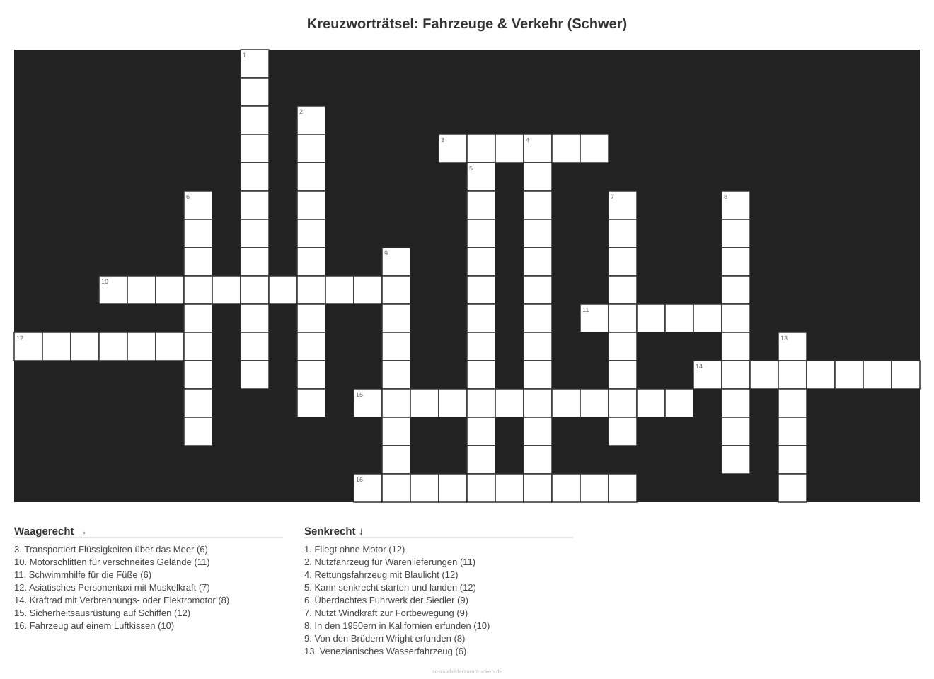Kreuzworträtsel Kreuzworträtsel: Fahrzeuge & Verkehr (Schwer) aus der Kategorie Fahrzeuge - kostenlos ausdrucken