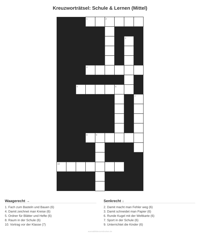 Kreuzworträtsel Kreuzworträtsel: Schule & Lernen (Mittel) aus der Kategorie Schule - kostenlos ausdrucken