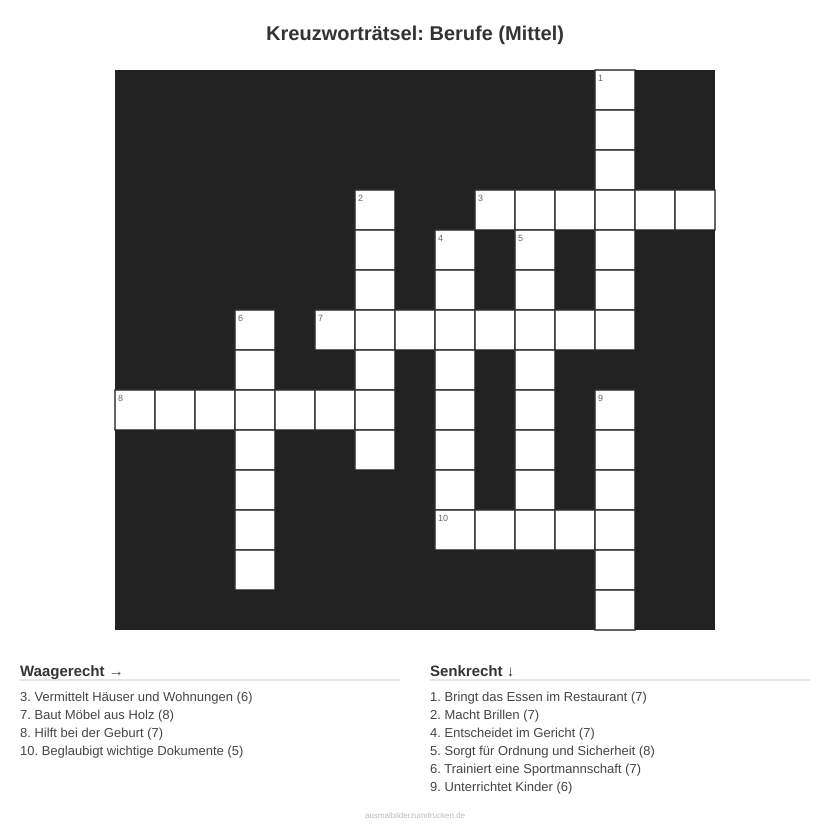 Kreuzworträtsel Kreuzworträtsel: Berufe (Mittel) aus der Kategorie Berufe - kostenlos ausdrucken