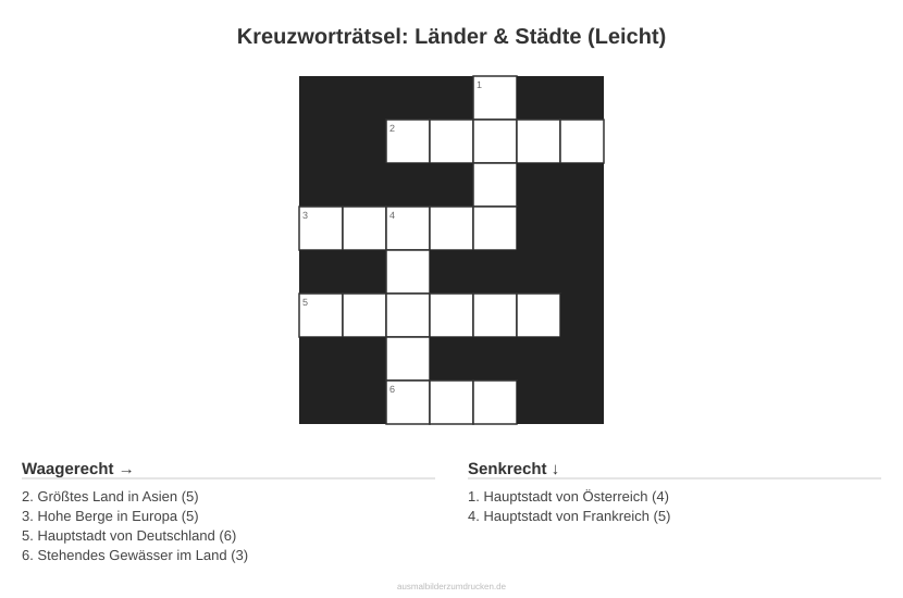 Kreuzworträtsel Kreuzworträtsel: Länder & Städte (Leicht) aus der Kategorie Länder - kostenlos ausdrucken