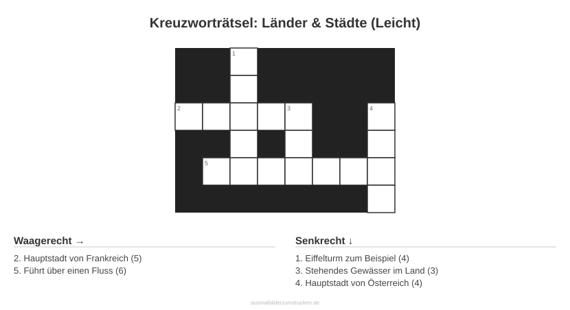 Kreuzworträtsel Kreuzworträtsel: Länder & Städte (Leicht) aus der Kategorie Länder - kostenlos ausdrucken