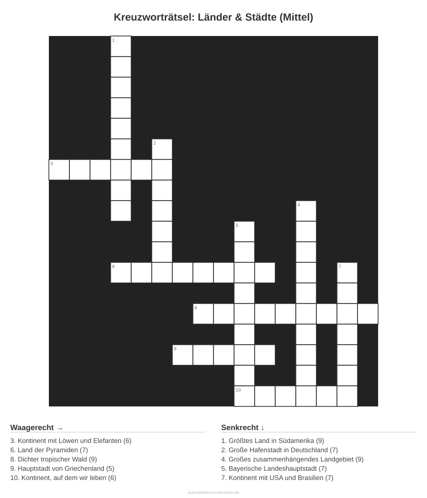 Kreuzworträtsel Kreuzworträtsel: Länder & Städte (Mittel) aus der Kategorie Länder - kostenlos ausdrucken