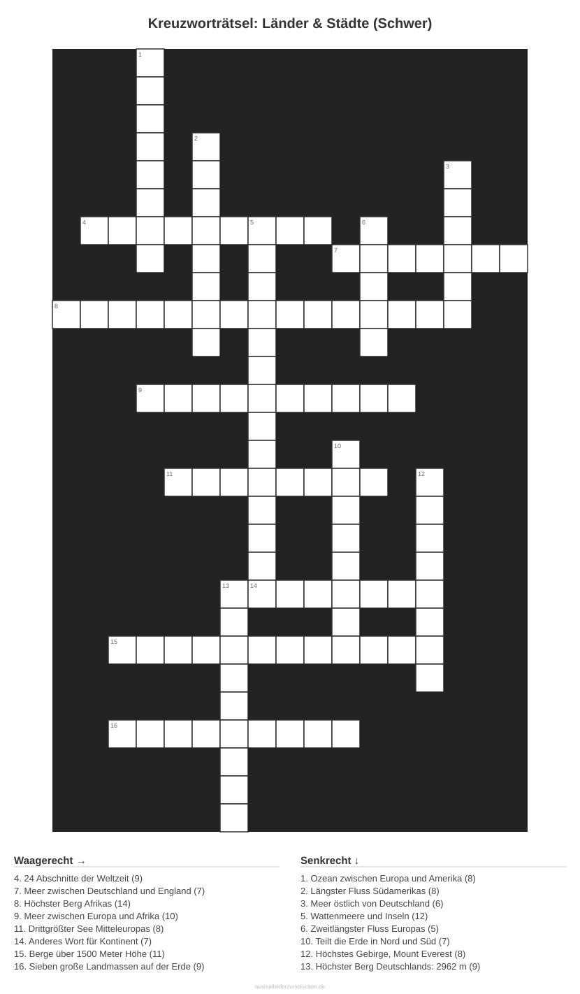 Kreuzworträtsel Kreuzworträtsel: Länder & Städte (Schwer) aus der Kategorie Länder - kostenlos ausdrucken