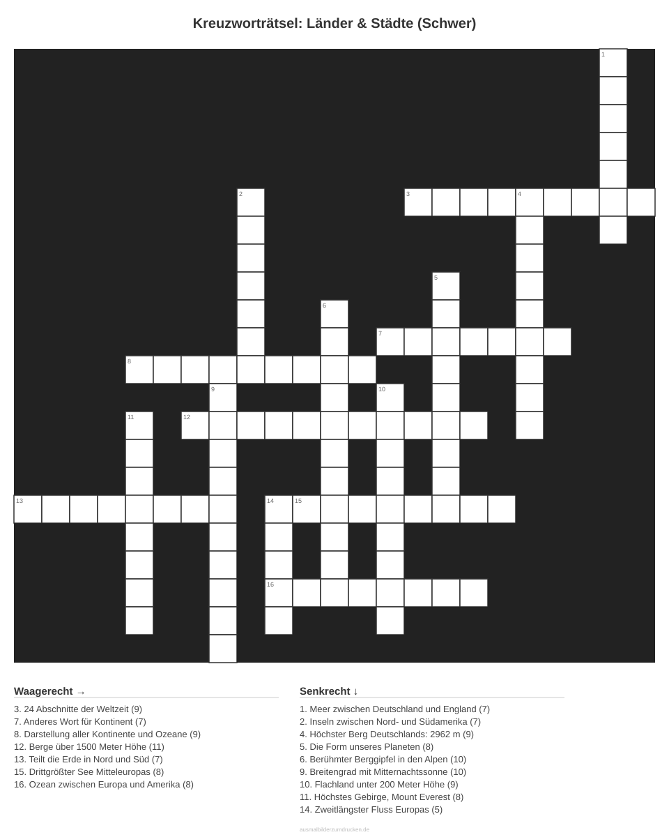 Kreuzworträtsel Kreuzworträtsel: Länder & Städte (Schwer) aus der Kategorie Länder - kostenlos ausdrucken