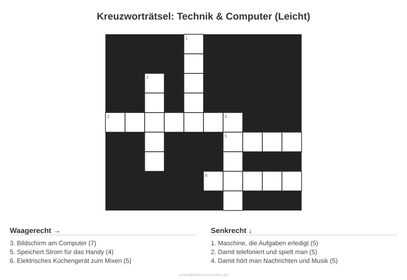 Kreuzworträtsel Kreuzworträtsel: Technik & Computer (Leicht) aus der Kategorie Technik - kostenlos ausdrucken