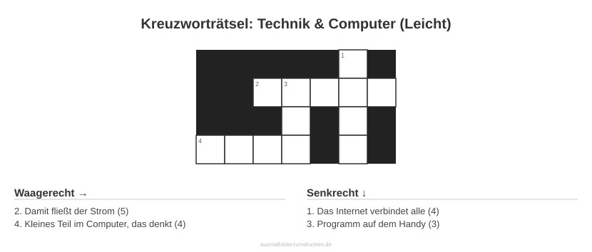 Kreuzworträtsel Kreuzworträtsel: Technik & Computer (Leicht) aus der Kategorie Technik - kostenlos ausdrucken