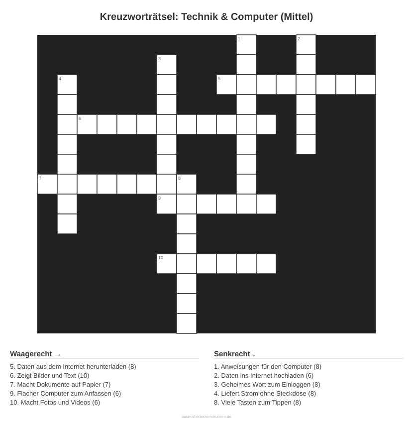 Kreuzworträtsel Kreuzworträtsel: Technik & Computer (Mittel) aus der Kategorie Technik - kostenlos ausdrucken