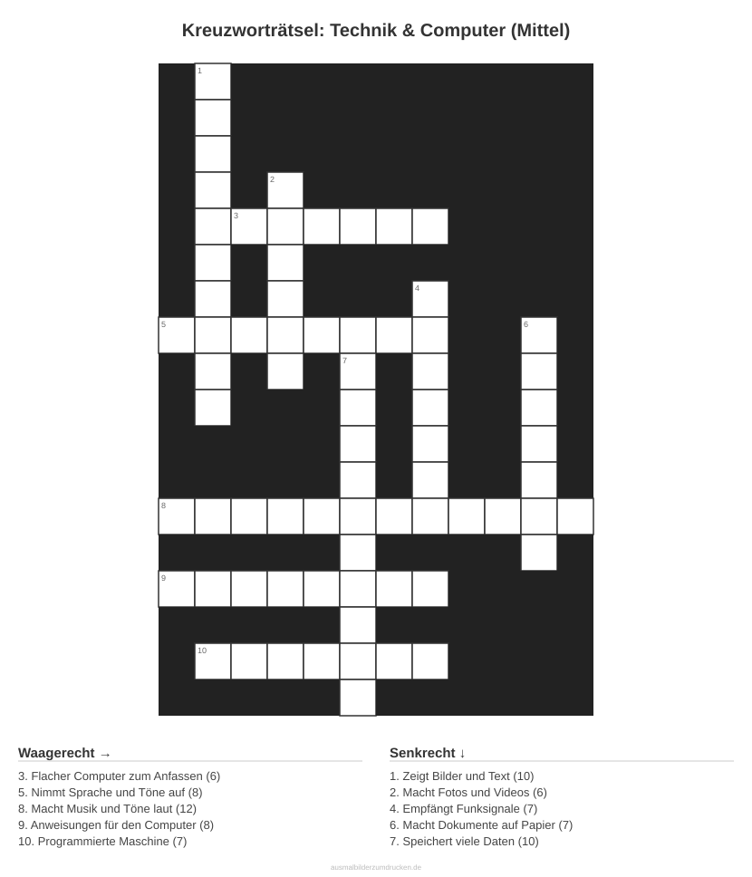 Kreuzworträtsel Kreuzworträtsel: Technik & Computer (Mittel) aus der Kategorie Technik - kostenlos ausdrucken