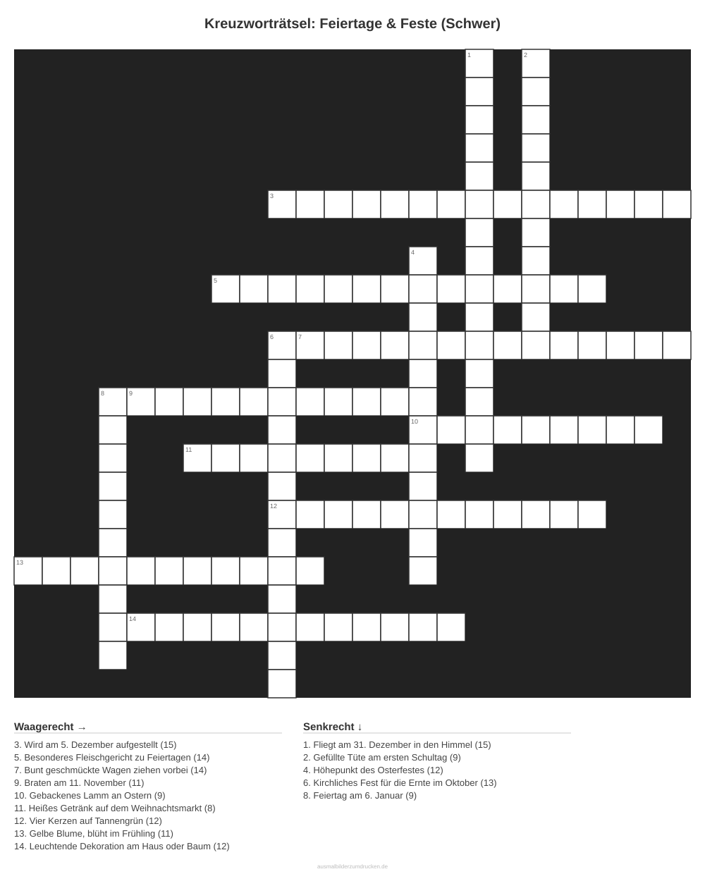 Kreuzworträtsel Kreuzworträtsel: Feiertage & Feste (Schwer) aus der Kategorie Feste - kostenlos ausdrucken