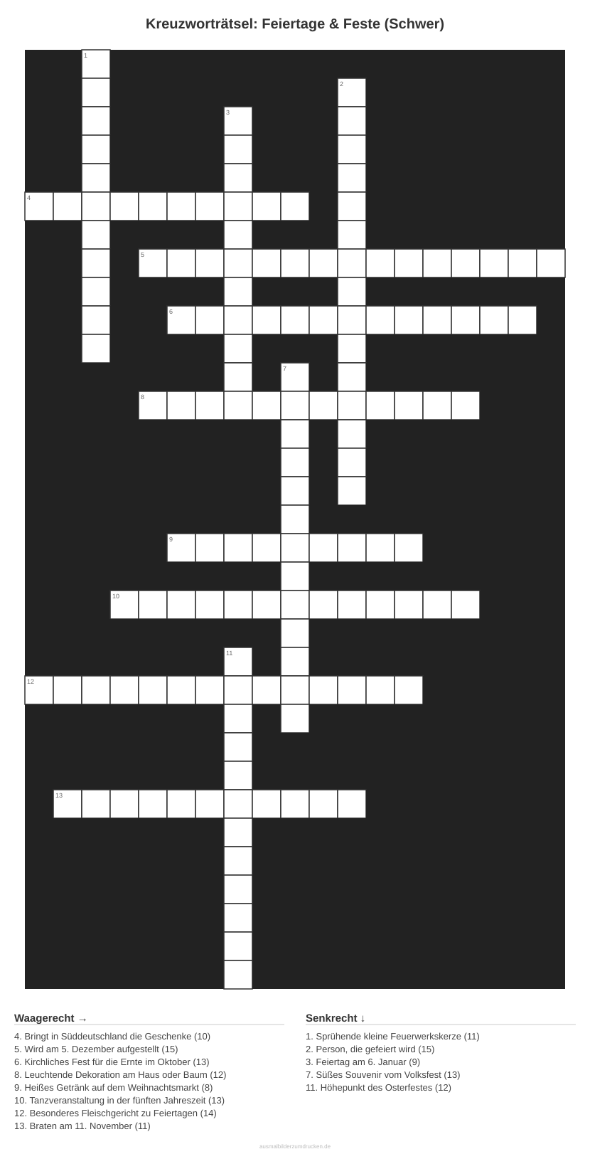 Kreuzworträtsel Kreuzworträtsel: Feiertage & Feste (Schwer) aus der Kategorie Feste - kostenlos ausdrucken