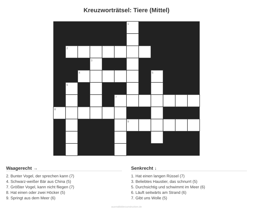 Kreuzworträtsel Kreuzworträtsel: Tiere (Mittel) aus der Kategorie Tiere - kostenlos ausdrucken