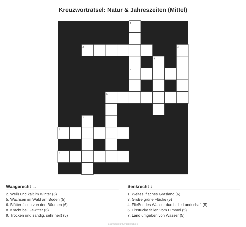 Kreuzworträtsel Kreuzworträtsel: Natur & Jahreszeiten (Mittel) aus der Kategorie Natur - kostenlos ausdrucken