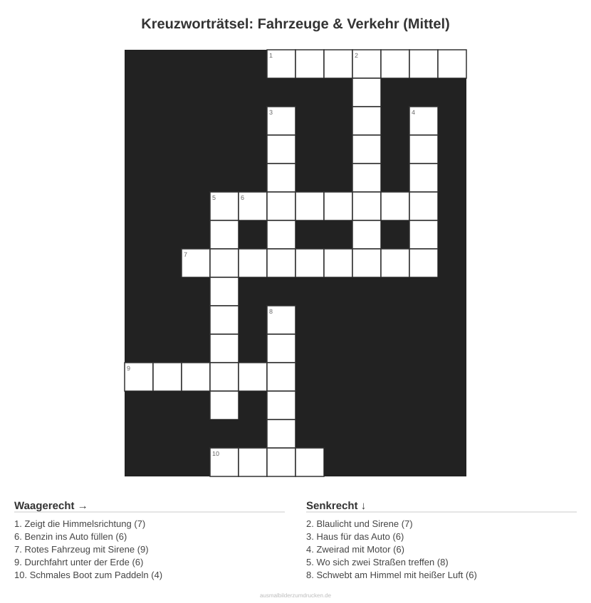 Kreuzworträtsel Kreuzworträtsel: Fahrzeuge & Verkehr (Mittel) aus der Kategorie Fahrzeuge - kostenlos ausdrucken