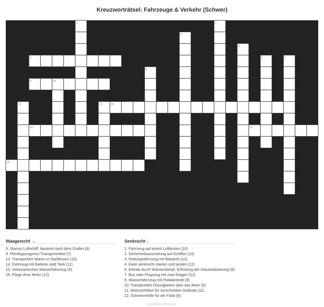 Kreuzworträtsel Kreuzworträtsel: Fahrzeuge & Verkehr (Schwer) aus der Kategorie Fahrzeuge - kostenlos ausdrucken