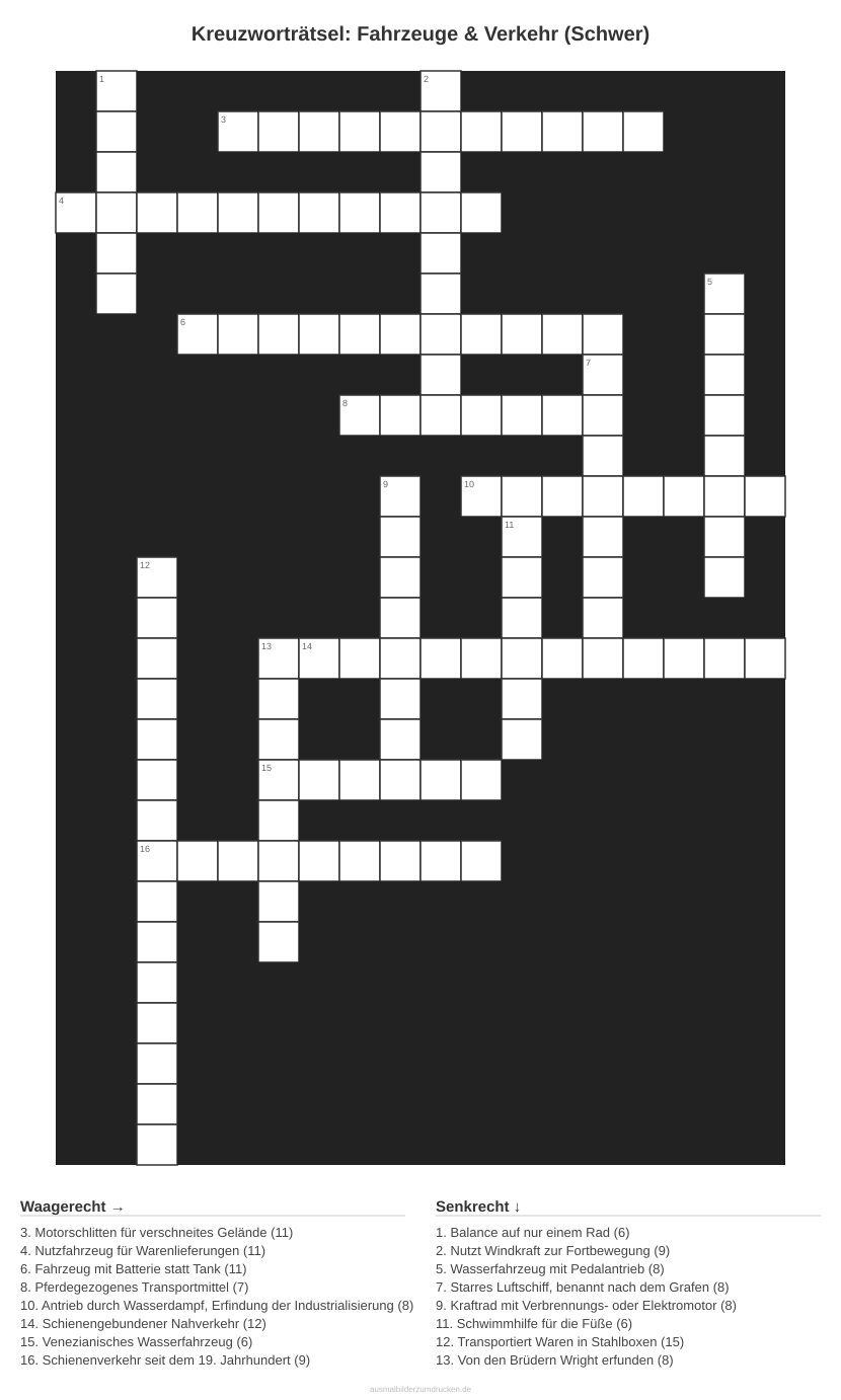 Kreuzworträtsel Kreuzworträtsel: Fahrzeuge & Verkehr (Schwer) aus der Kategorie Fahrzeuge - kostenlos ausdrucken