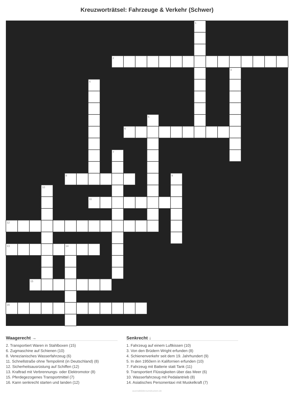 Kreuzworträtsel Kreuzworträtsel: Fahrzeuge & Verkehr (Schwer) aus der Kategorie Fahrzeuge - kostenlos ausdrucken