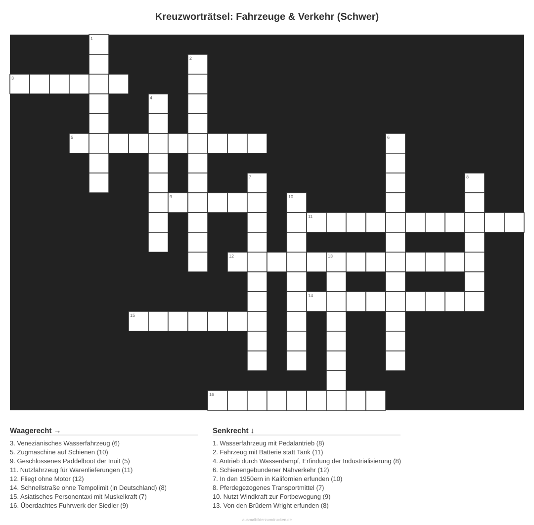 Kreuzworträtsel Kreuzworträtsel: Fahrzeuge & Verkehr (Schwer) aus der Kategorie Fahrzeuge - kostenlos ausdrucken