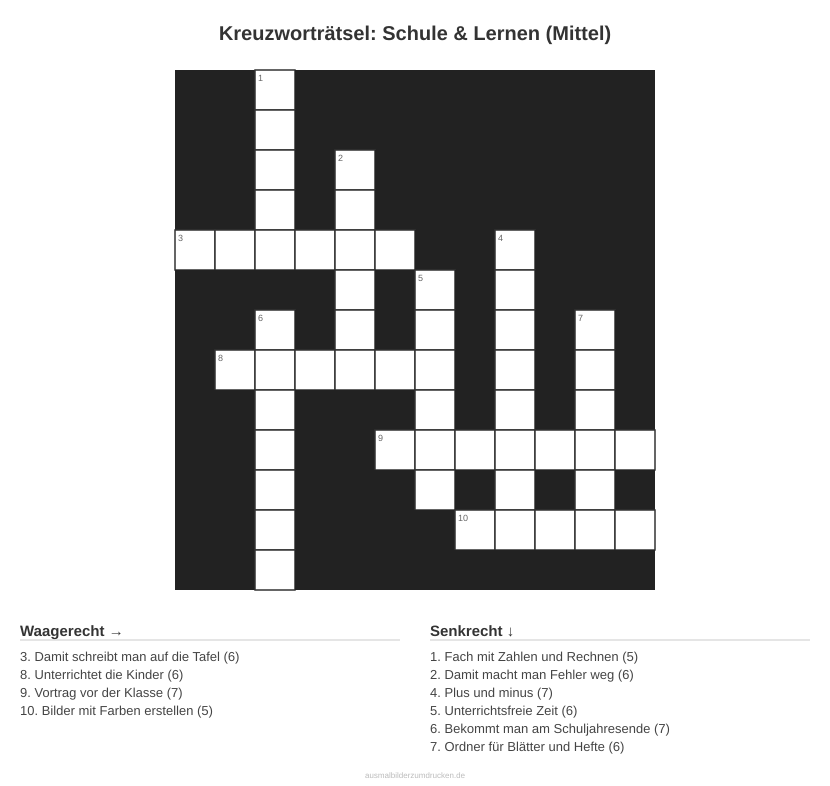 Kreuzworträtsel Kreuzworträtsel: Schule & Lernen (Mittel) aus der Kategorie Schule - kostenlos ausdrucken