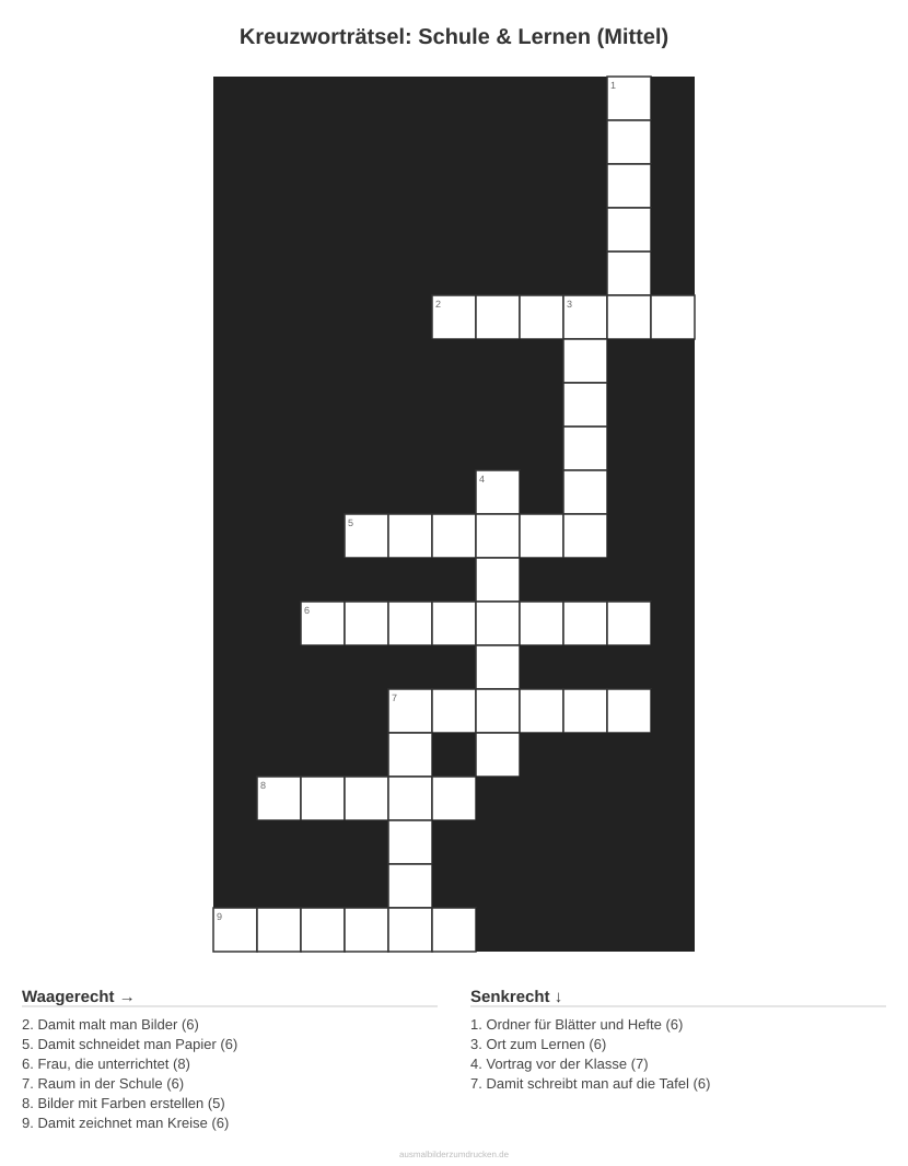 Kreuzworträtsel Kreuzworträtsel: Schule & Lernen (Mittel) aus der Kategorie Schule - kostenlos ausdrucken